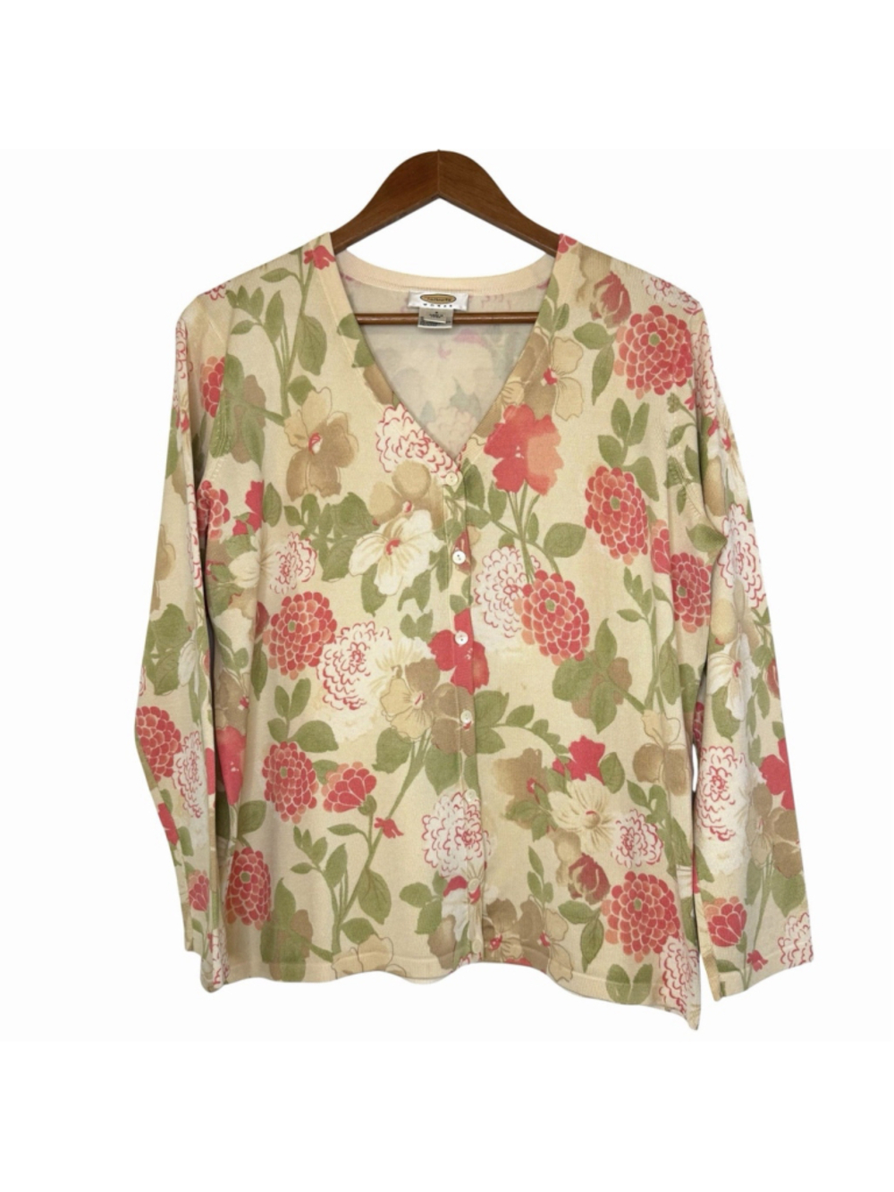 Talbots Cardigan Sweater Womens Sz X Floral Print Silk Blend Pink Green Tan READ